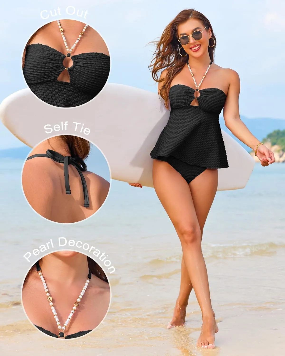 Women Bandeau Swimsuit Two Piece - Tummy Control Bathing Suit Full Coverage High Waisted Bikini Sets Halter Teens