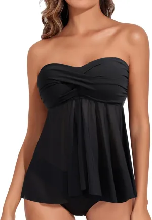 Women Bandeau Tankini Top Only Mesh Strapless Swimsuits Top Halter Flyaway Bathing Suits No Bottom