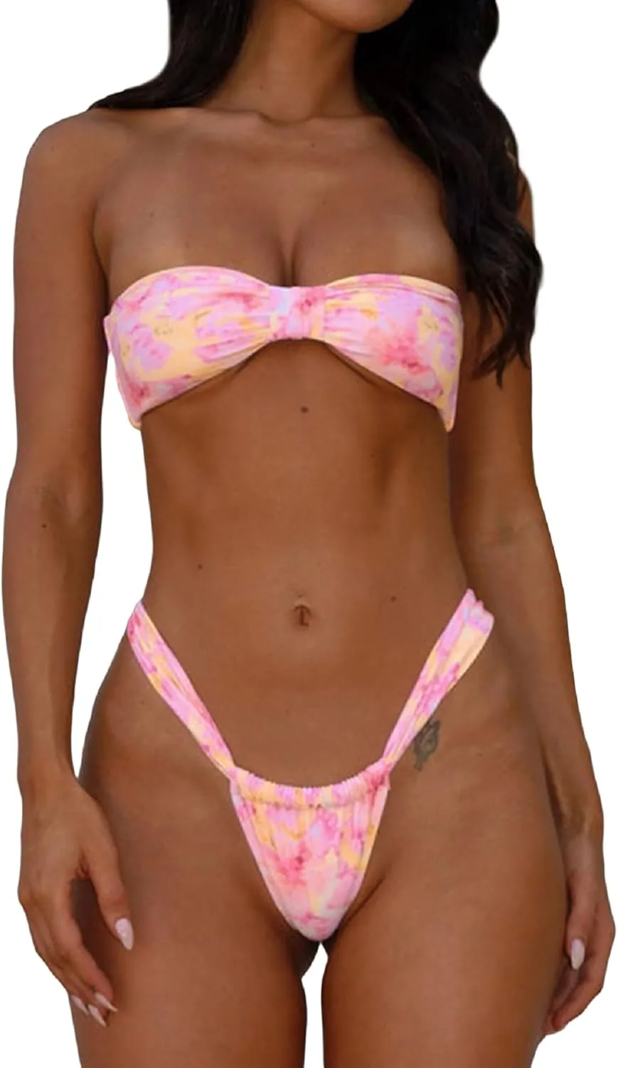 Women Floral Bandeau Bikini Set O Ring Tie Back Strapless 2 Piece Swimsuit Cheeky Thong Batching Suit