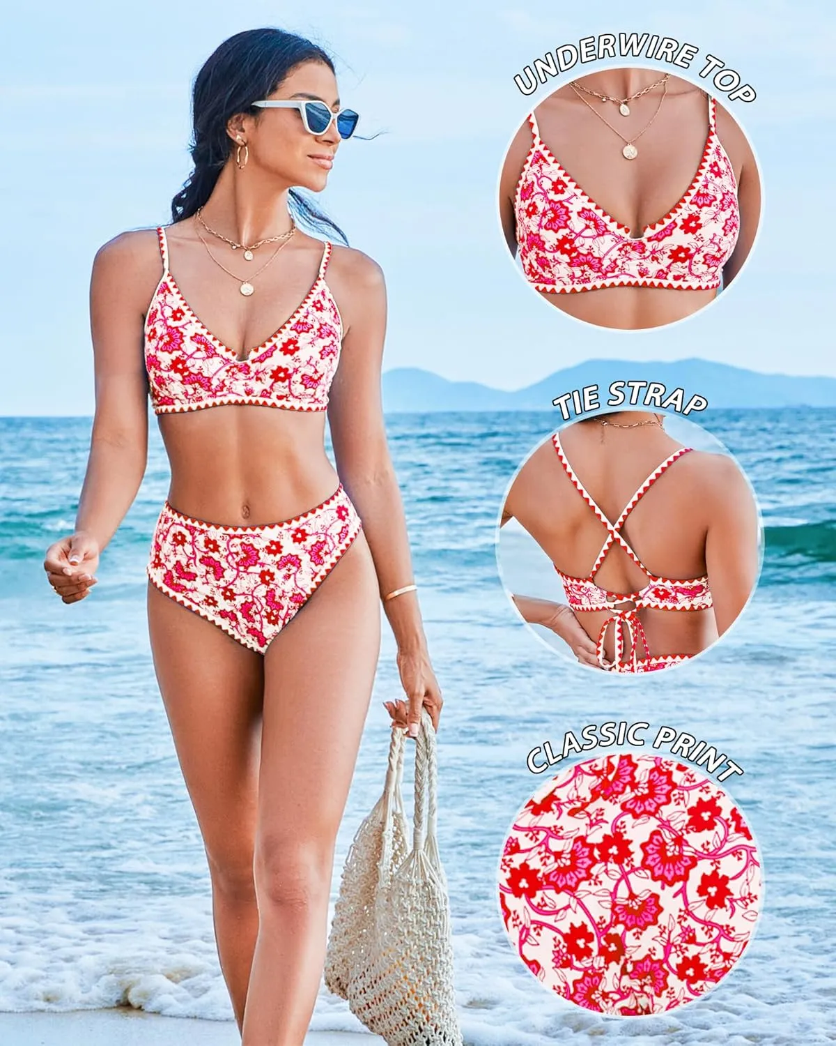 Women High Waisted Bikini Sets-Tummy Control Swimsuit Two Piece Bathing Suit Full Coverage Teen Triangle Top Floral