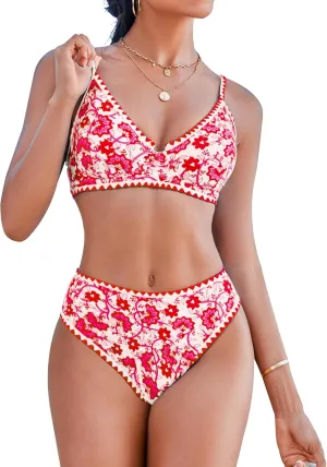 Women High Waisted Bikini Sets-Tummy Control Swimsuit Two Piece Bathing Suit Full Coverage Teen Triangle Top Floral
