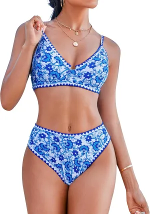 Women High Waisted Bikini Sets-Tummy Control Swimsuit Two Piece Bathing Suit Full Coverage Teen Triangle Top Floral