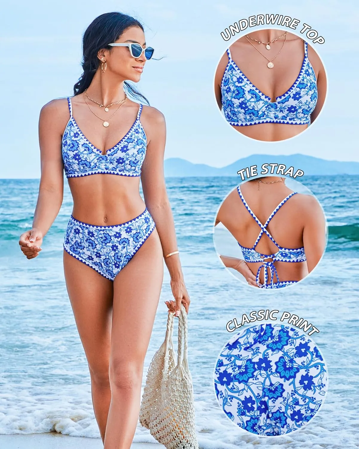 Women High Waisted Bikini Sets-Tummy Control Swimsuit Two Piece Bathing Suit Full Coverage Teen Triangle Top Floral
