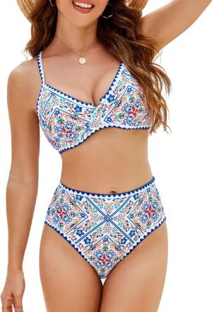 Women High Waisted Bikini Sets-Tummy Control Swimsuit Two Piece Bathing Suit Full Coverage Teen Triangle Top Floral