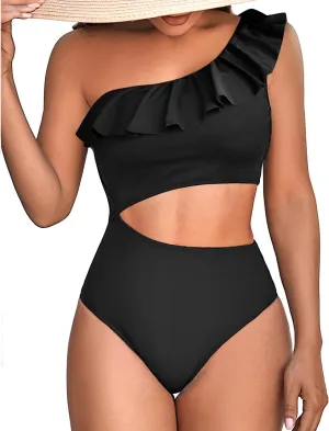 Women One Piece Cutout Swimsuits - One Shoulder Ruffle Cut Out Bathing Suit Swimwear Monokini 2025