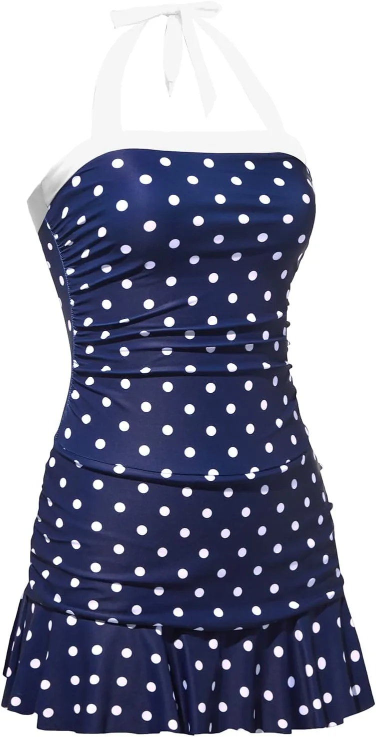 Women One Piece Swim Dress - Tummy Control Swimsuit with Skirt Halter Bathing Suit