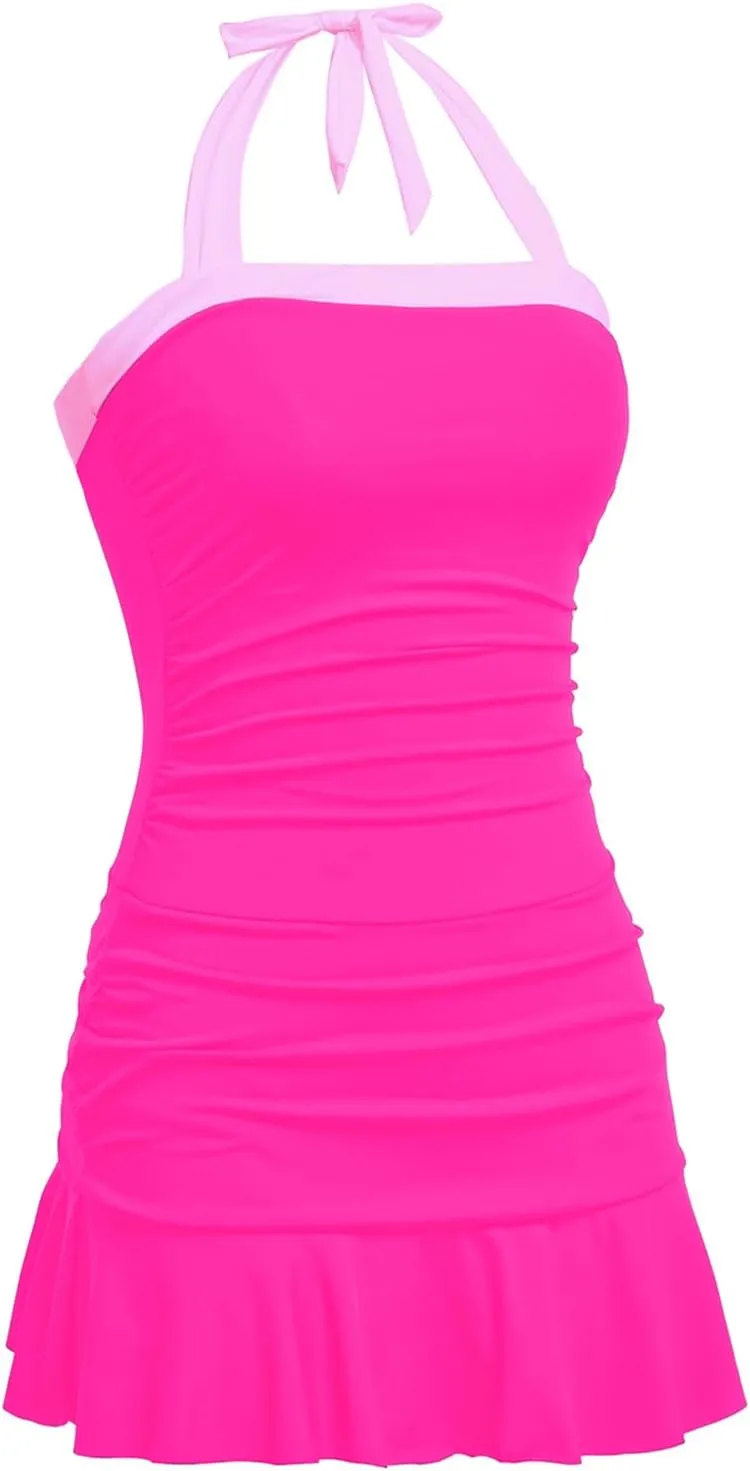 Women One Piece Swim Dress - Tummy Control Swimsuit with Skirt Halter Bathing Suit