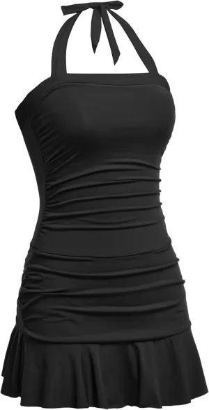 Women One Piece Swim Dress - Tummy Control Swimsuit with Skirt Halter Bathing Suit