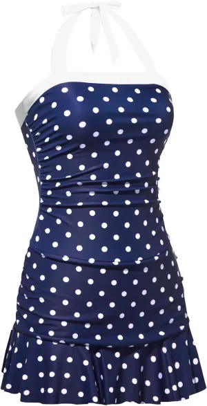 Women One Piece Swim Dress - Tummy Control Swimsuit with Skirt Halter Bathing Suit