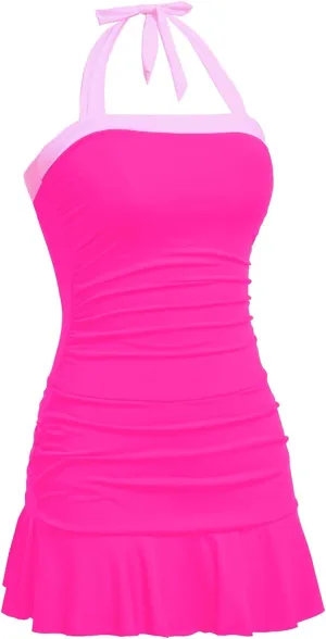 Women One Piece Swim Dress - Tummy Control Swimsuit with Skirt Halter Bathing Suit