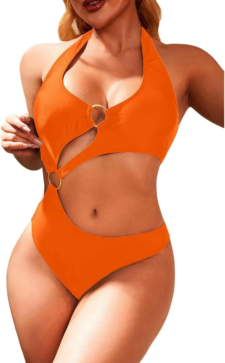 Women One Piece Swimsuit Slimming Cutout Fashoin Swimwear Metal Ring Bathing Suit Female Beachwear