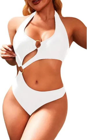 Women One Piece Swimsuit Slimming Cutout Fashoin Swimwear Metal Ring Bathing Suit Female Beachwear