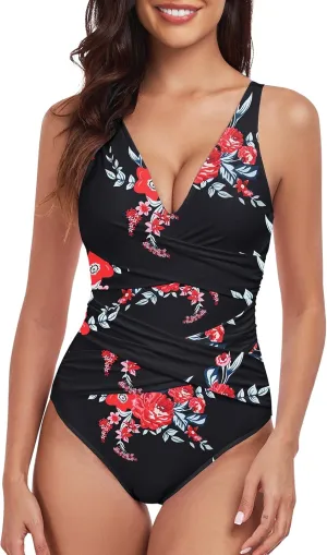 Women One Piece Swimsuit Tummy Control Bathing Suits for Women Slimming Ruched Swimsuits Cutout Swimwear