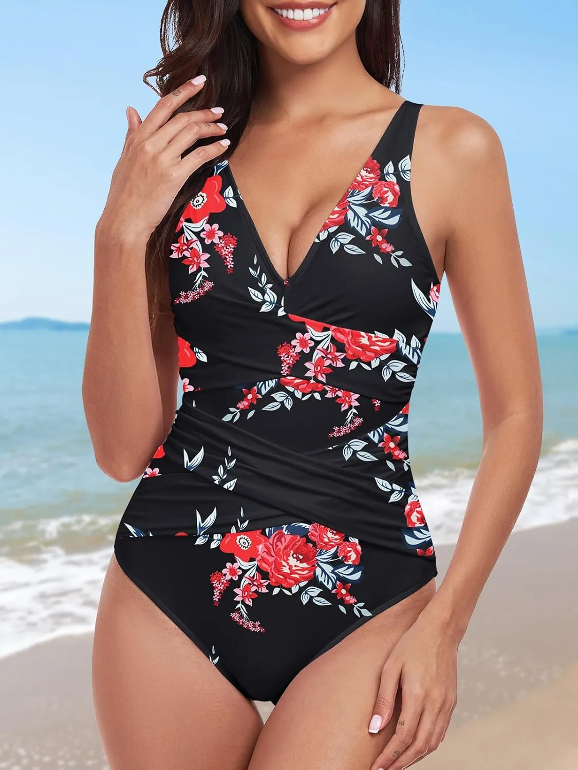 Women One Piece Swimsuit Tummy Control Bathing Suits for Women Slimming Ruched Swimsuits Cutout Swimwear