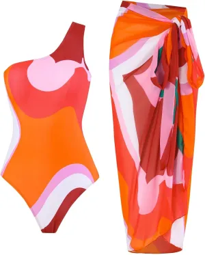 Women One Piece Swimsuit with Cover up Set High Waisted Beach Wrap Skirt Two Piece Bathing Suit