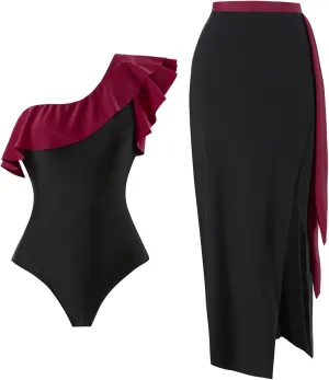 Women One Piece Swimsuit with Cover up Set High Waisted Beach Wrap Skirt Two Piece Bathing Suit