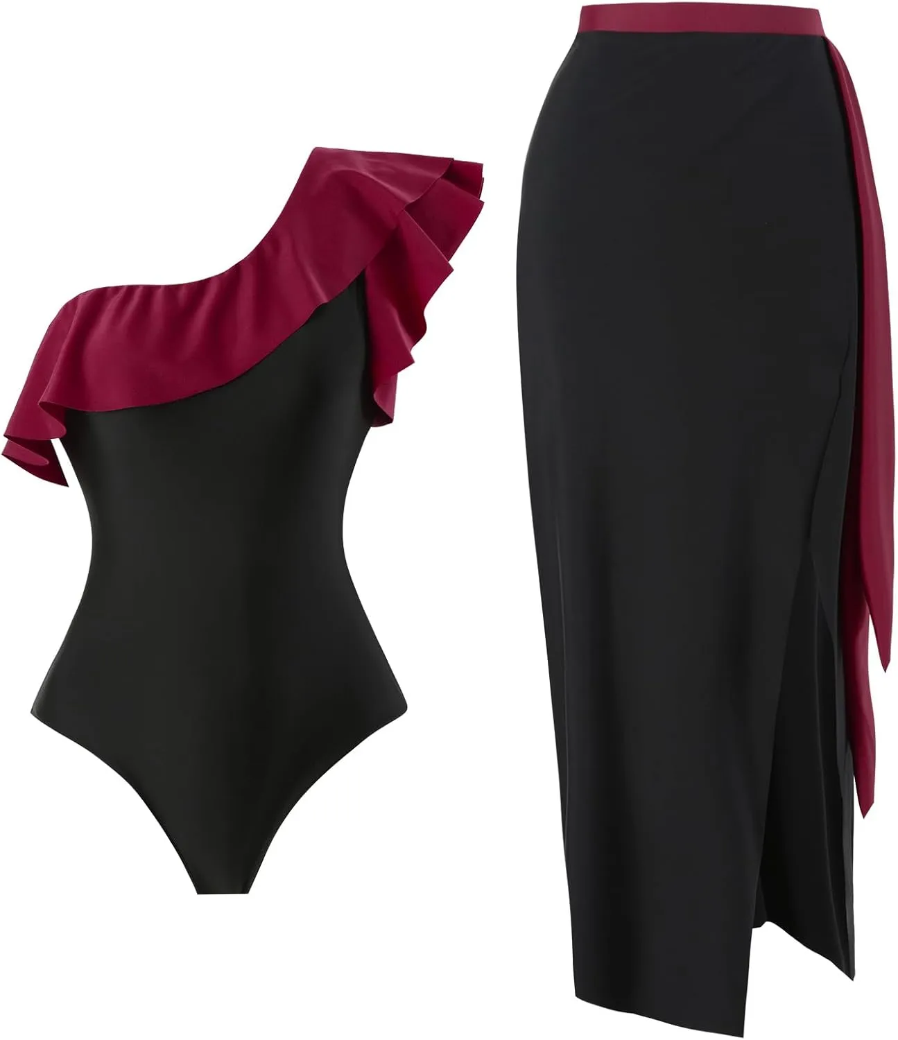 Women One Piece Swimsuit with Cover up Set High Waisted Beach Wrap Skirt Two Piece Bathing Suit