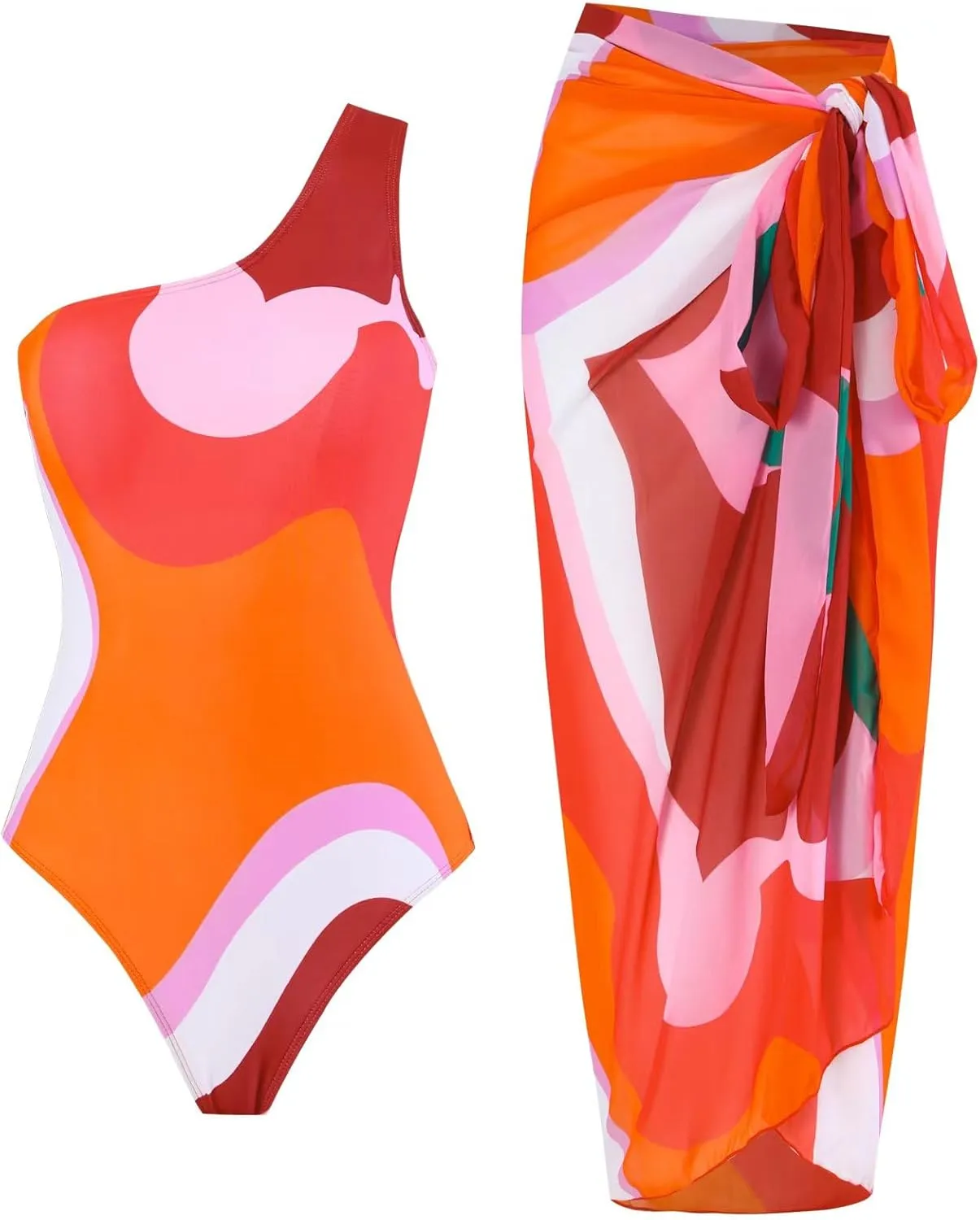 Women One Piece Swimsuit with Cover up Set High Waisted Beach Wrap Skirt Two Piece Bathing Suit