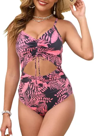 Women One Piece Swimsuits Tummy Control V Neck Cutout Ruched Drawstring Bathing Suit Wrap Tie Back Swimwear
