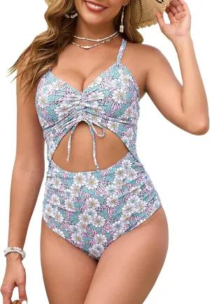 Women One Piece Swimsuits Tummy Control V Neck Cutout Ruched Drawstring Bathing Suit Wrap Tie Back Swimwear