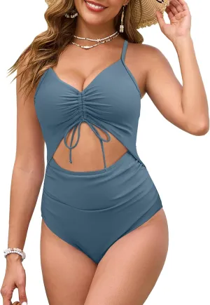 Women One Piece Swimsuits Tummy Control V Neck Cutout Ruched Drawstring Bathing Suit Wrap Tie Back Swimwear