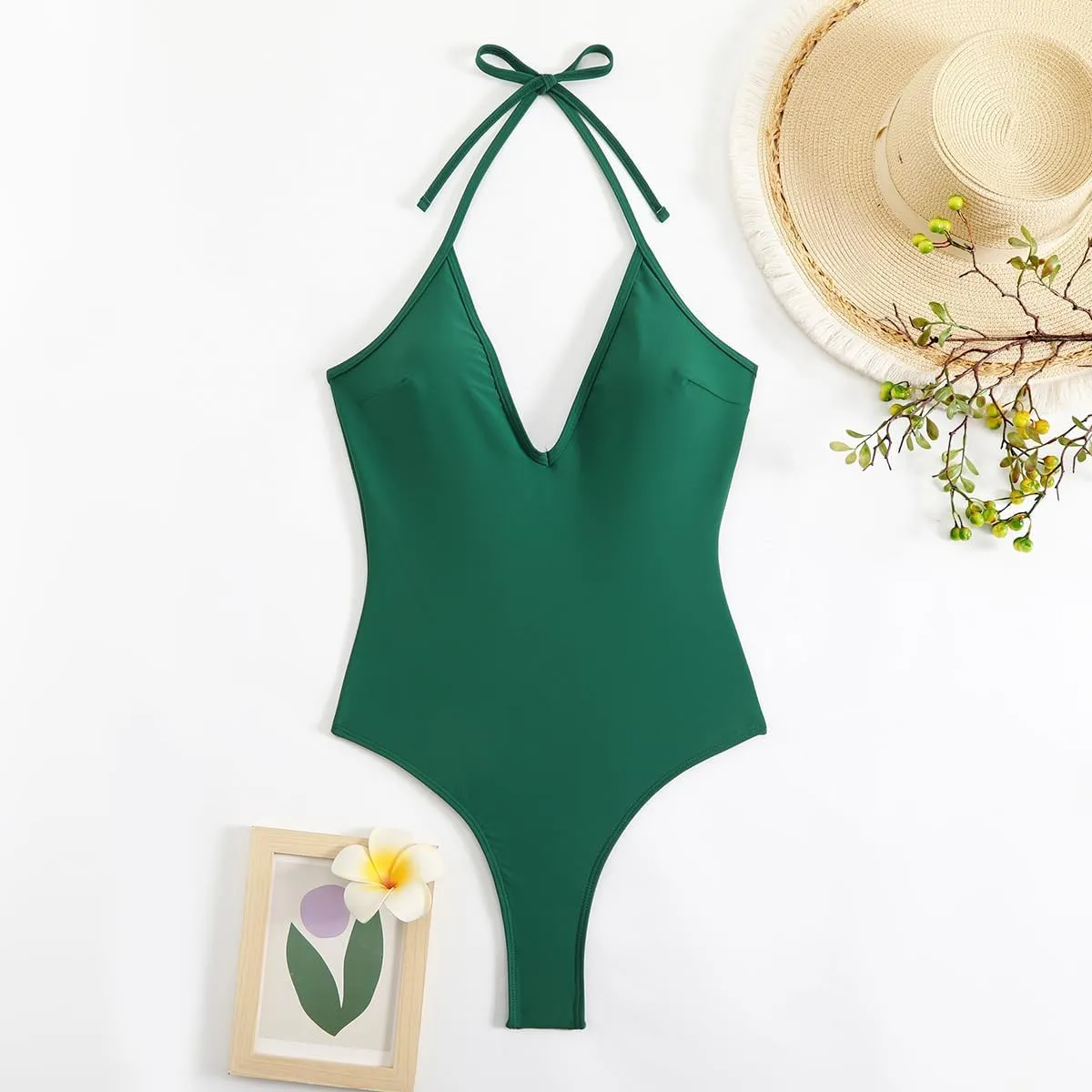 Women' s One Piece Sexy Swimsuits Halter Tie Back V Neck Low Back Bathing Suit Ruched Butt High Cut Swimsuit Thong