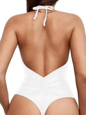 Women' s One Piece Sexy Swimsuits Halter Tie Back V Neck Low Back Bathing Suit Ruched Butt High Cut Swimsuit Thong