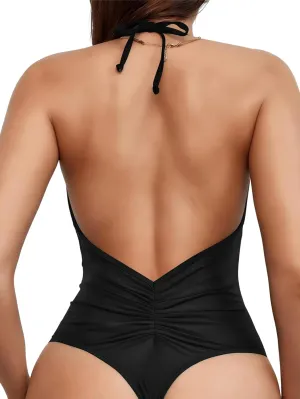 Women' s One Piece Sexy Swimsuits Halter Tie Back V Neck Low Back Bathing Suit Ruched Butt High Cut Swimsuit Thong
