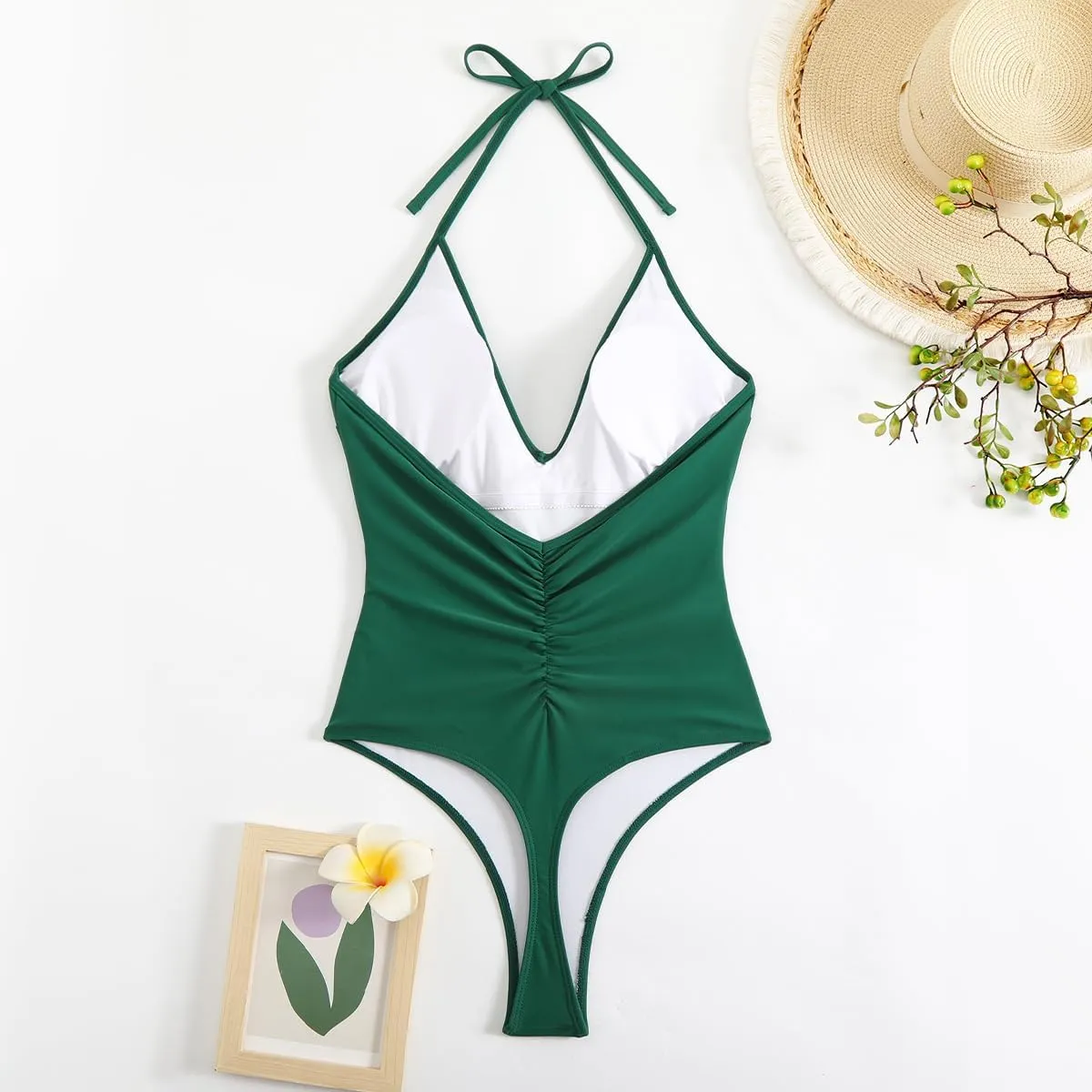 Women' s One Piece Sexy Swimsuits Halter Tie Back V Neck Low Back Bathing Suit Ruched Butt High Cut Swimsuit Thong