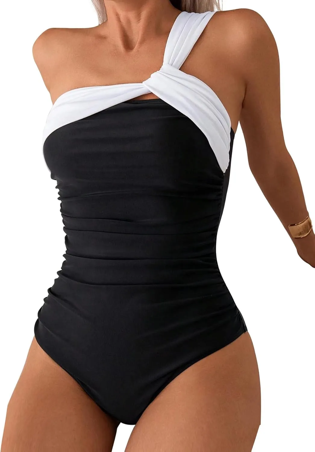 Women' s One Piece Swimsuits One Shoulder Bathing Suits Ruched Tummy Control Bandeau Swimsuit Color Block