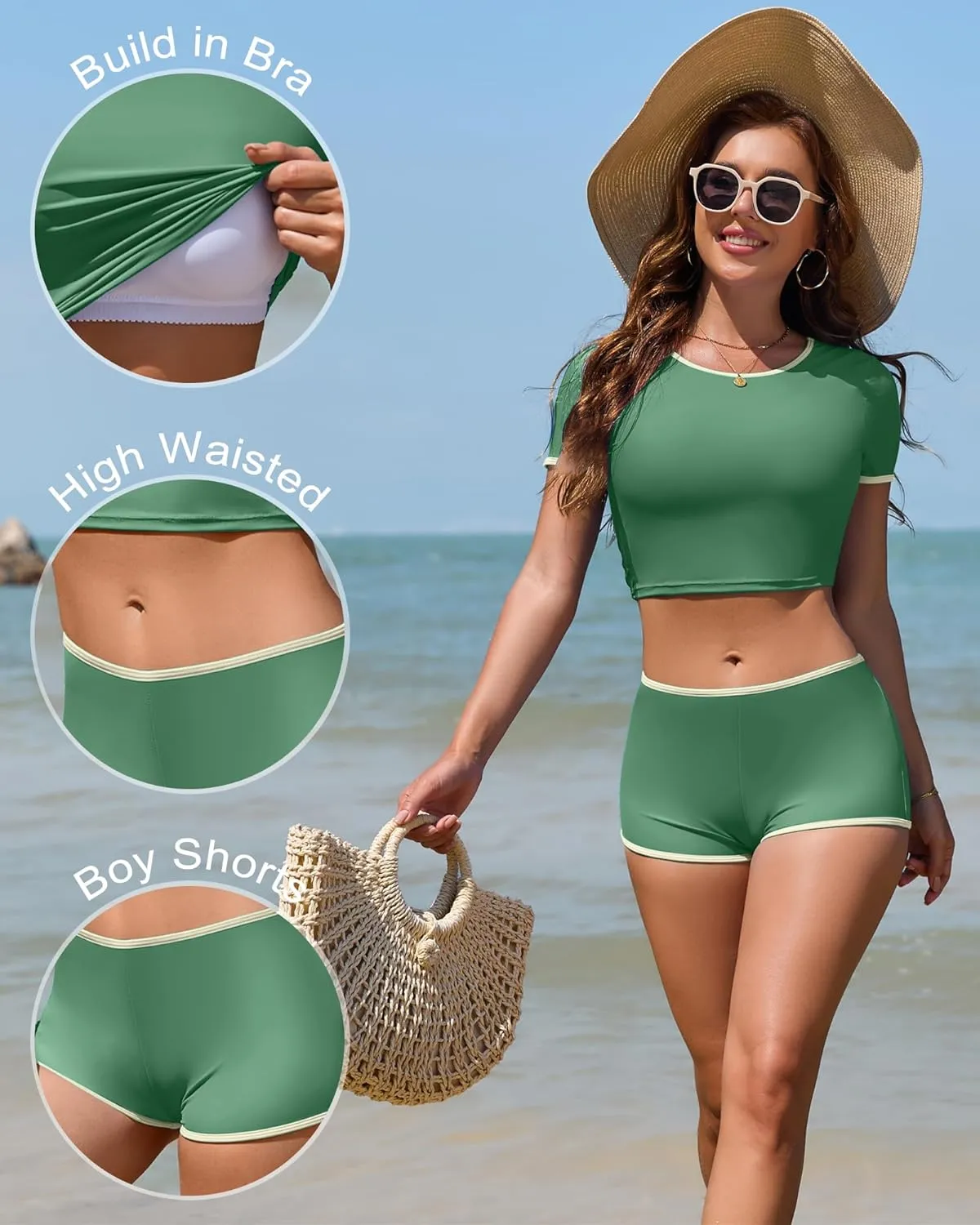 Women Sporty Tummy Control Swimsuit Color Block High Waisted Bikini Set Two Piece Bathing Suit Full Coverage Shorts