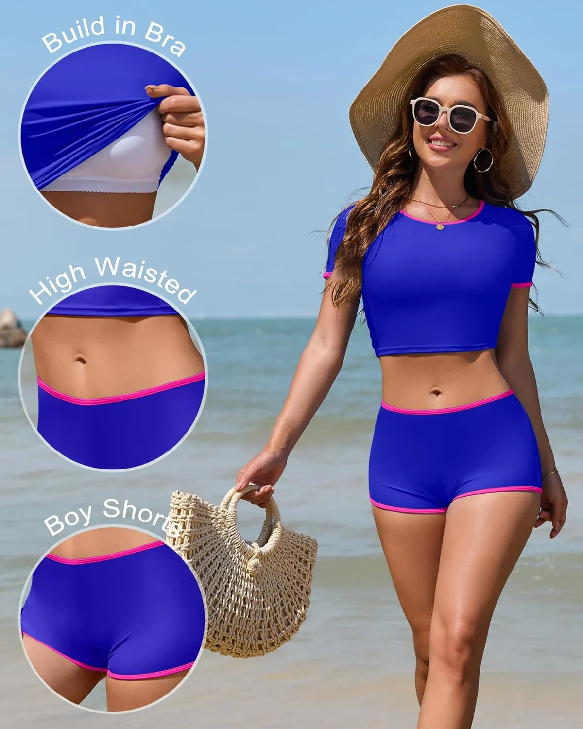 Women Sporty Tummy Control Swimsuit Color Block High Waisted Bikini Set Two Piece Bathing Suit Full Coverage Shorts