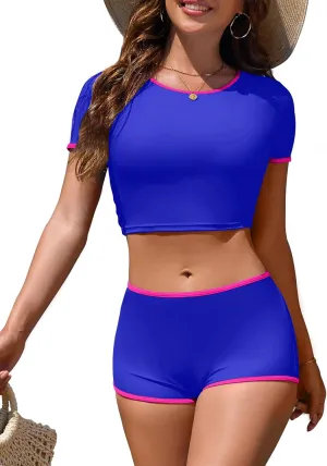 Women Sporty Tummy Control Swimsuit Color Block High Waisted Bikini Set Two Piece Bathing Suit Full Coverage Shorts