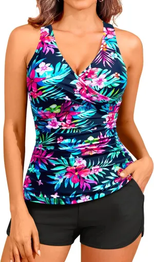 Women Tankini Swimsuits with Shorts - Two Piece Tummy Control Bathing Suits Top with Two Pockets Bottom Swimwear