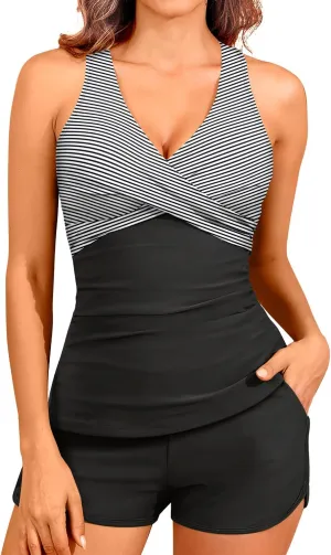 Women Tankini Swimsuits with Shorts - Two Piece Tummy Control Bathing Suits Top with Two Pockets Bottom Swimwear