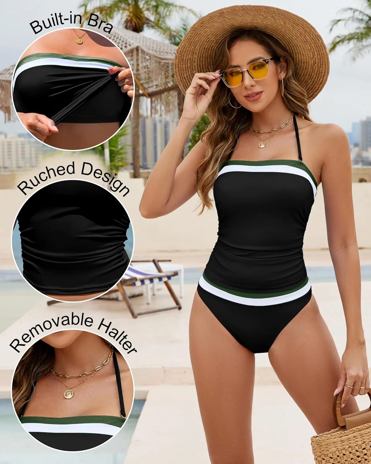 Women Two Piece Bandeau Swimsuit - Bathing Suit Tummy Control Color Block Bikini Set Coverage Strapless Top Tankini