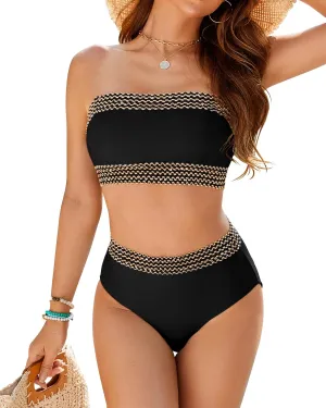 Women Two Piece Bandeau Swimsuit - High Waisted Bikini Sets Tummy Control Bathing Suit Strapless Bikini Top