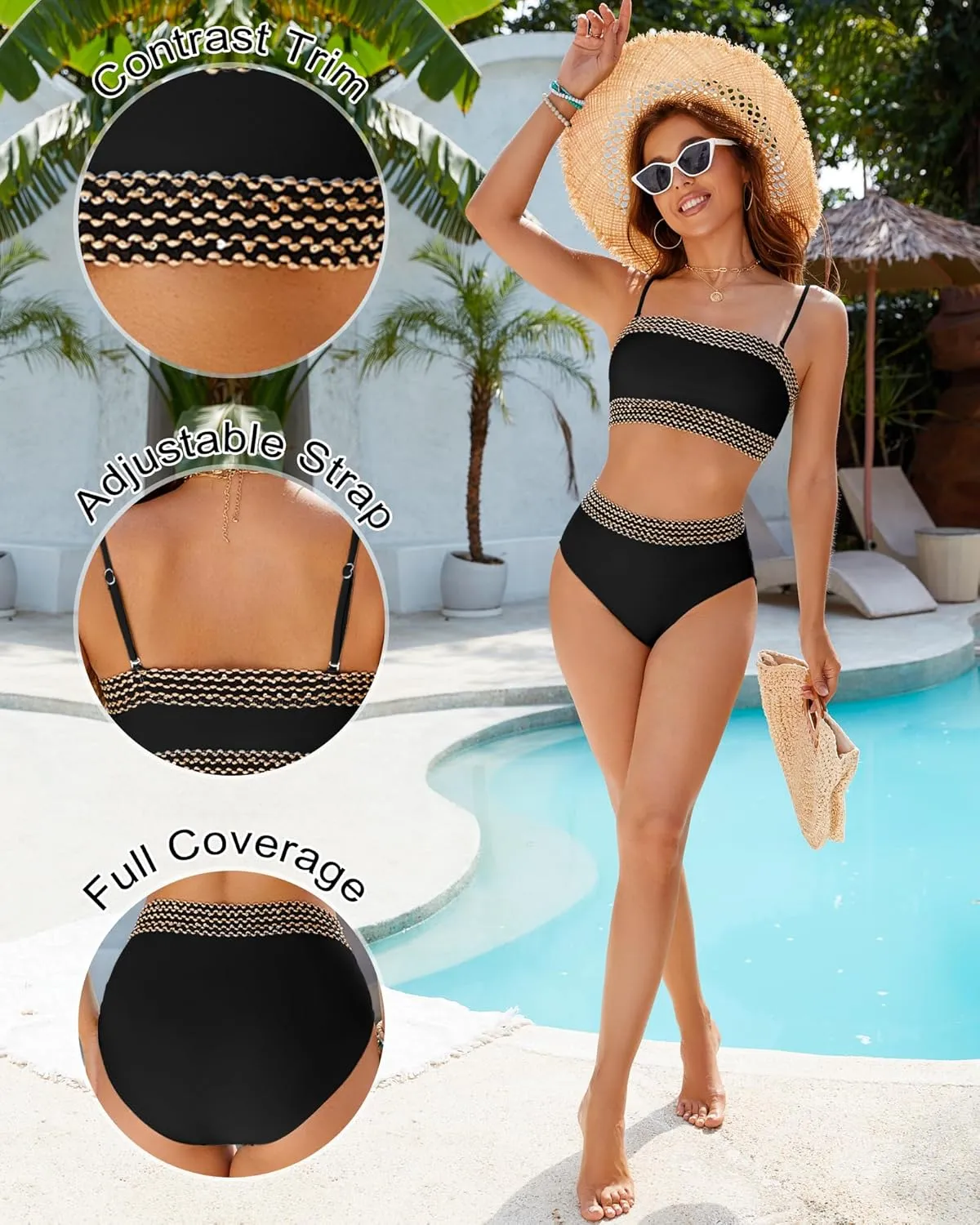 Women Two Piece Bandeau Swimsuit - High Waisted Bikini Sets Tummy Control Bathing Suit Strapless Bikini Top