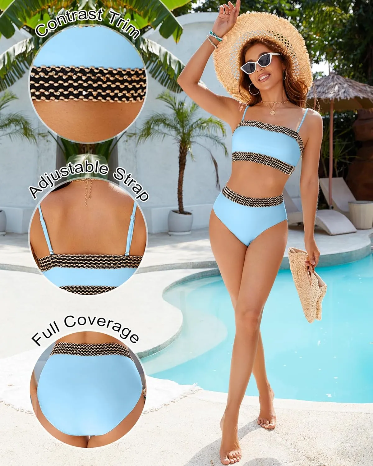 Women Two Piece Bandeau Swimsuit - High Waisted Bikini Sets Tummy Control Bathing Suit Strapless Bikini Top