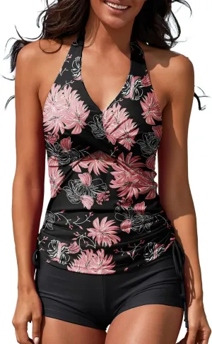 Women Two Piece Tankini Halter Padded Adjustable Drawstring Swimsuit with Boyshorts