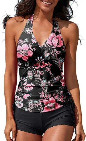 Women Two Piece Tankini Halter Padded Adjustable Drawstring Swimsuit with Boyshorts