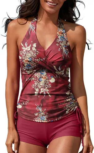 Women Two Piece Tankini Halter Padded Adjustable Drawstring Swimsuit with Boyshorts