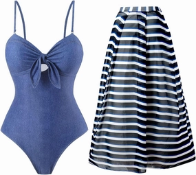 Women One Piece Swimsuit with Cover up Set High Waisted Beach Wrap Skirt Two Piece Bathing Suit