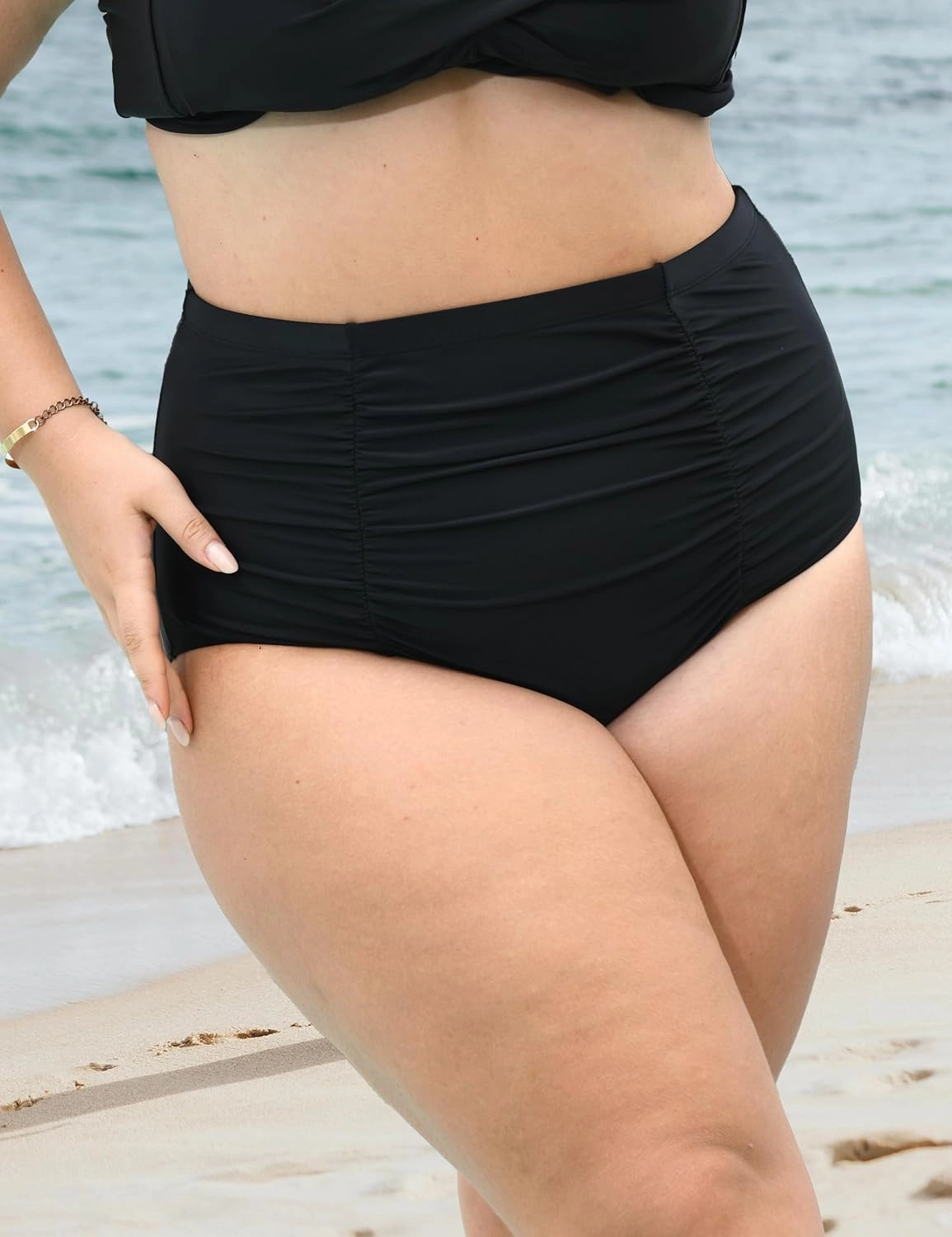 Women Plus Size Ruched High Waisted Black Bikini Bottoms Full Coverage Swimsuit Bottom Tummy Control Swim Bottoms