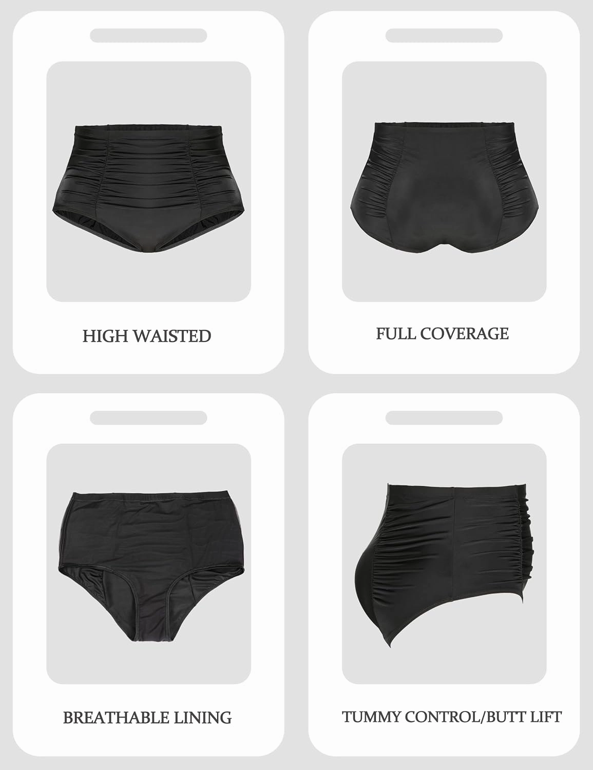 Women Plus Size Ruched High Waisted Black Bikini Bottoms Full Coverage Swimsuit Bottom Tummy Control Swim Bottoms