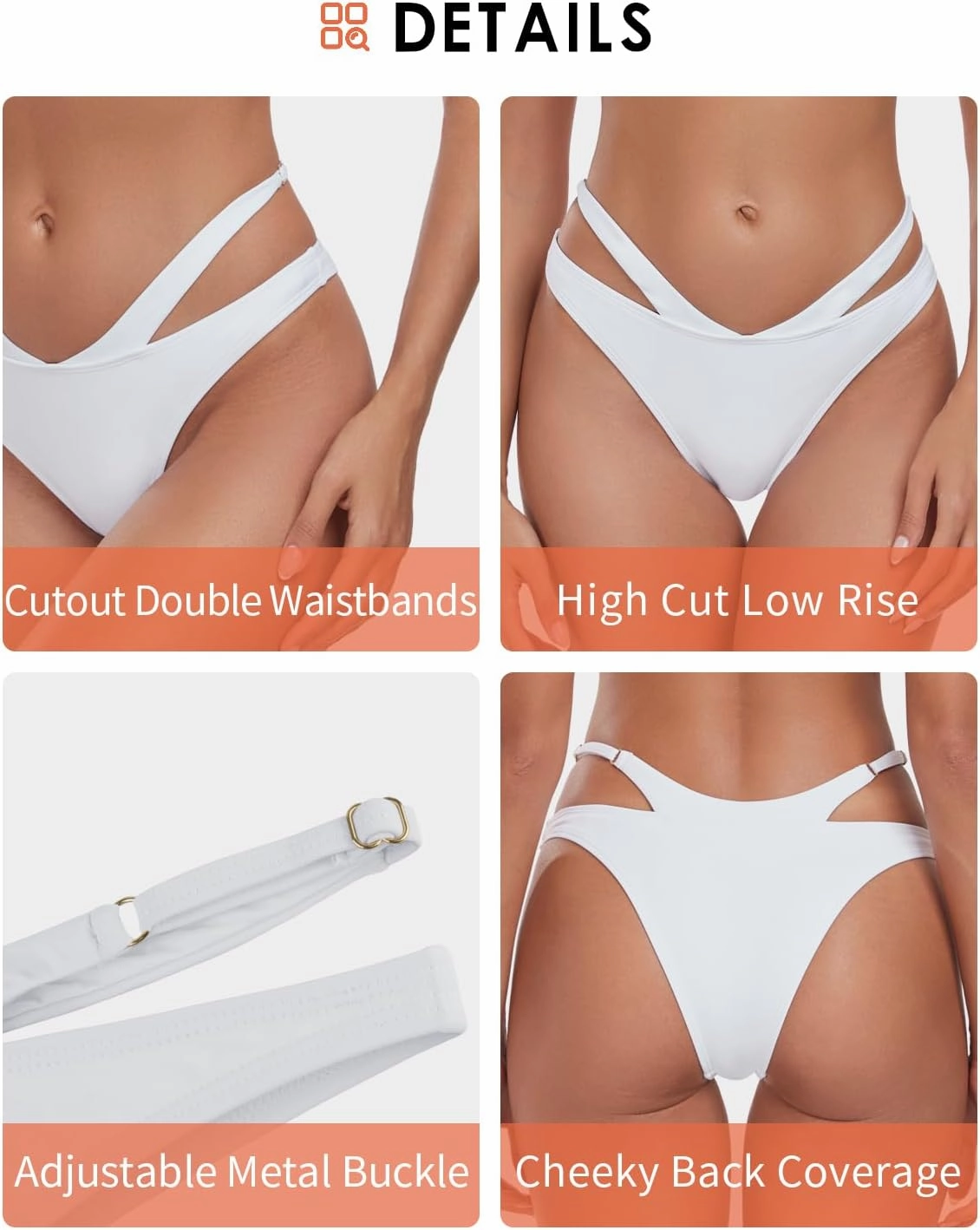Women's Adjustable Swim Bottoms High Cut Low Waisted Bikini Bottoms Cheeky Bathing Suit Bottoms