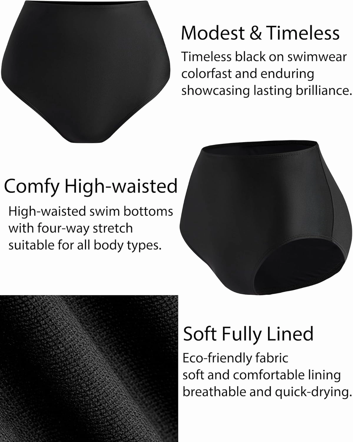 Women's Black High Waisted Bikini Bottom Full Coverage Bathing Suit Swim Bottoms Tummy Control Swimsuit Shorts