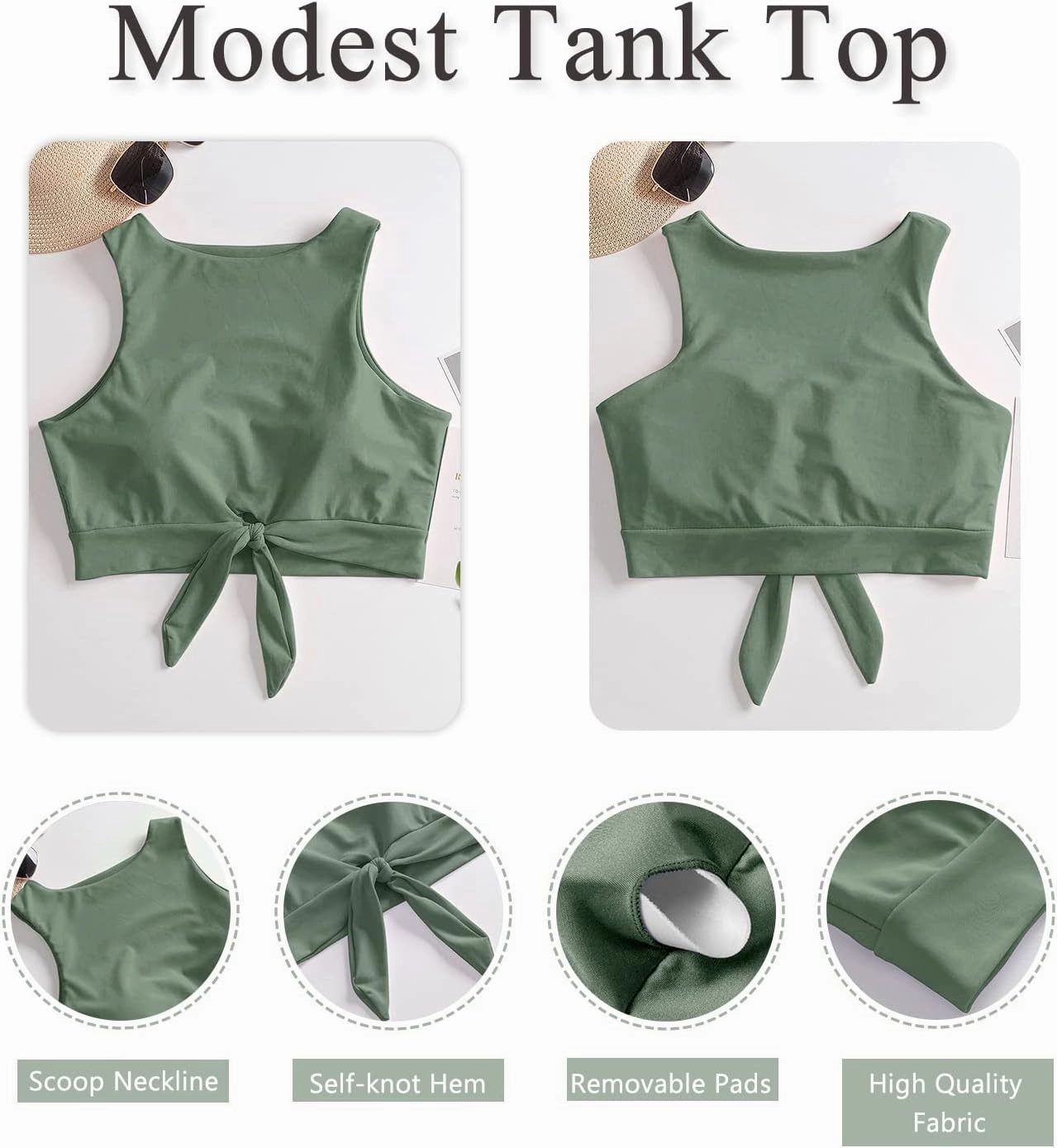 Women's Cut Out Tie Knot Front Scoop High Neck Tank Crop Top Bikini Swimsuit Top Only