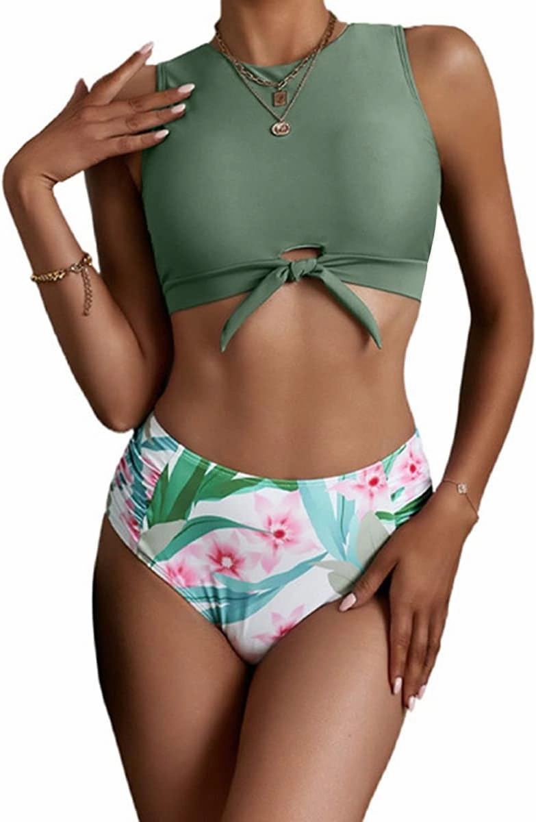 Women's Cut Out Tie Knot Front Scoop High Neck Tank Crop Top Bikini Swimsuit Top Only