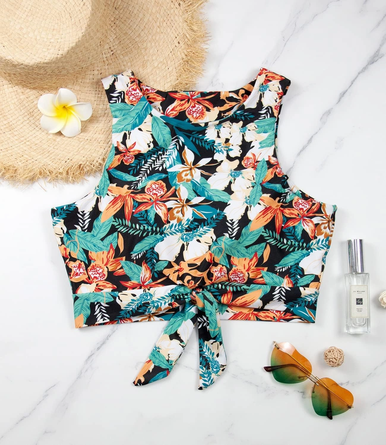 Women's Cut Out Tie Knot Front Scoop High Neck Tank Crop Top Bikini Swimsuit Top Only